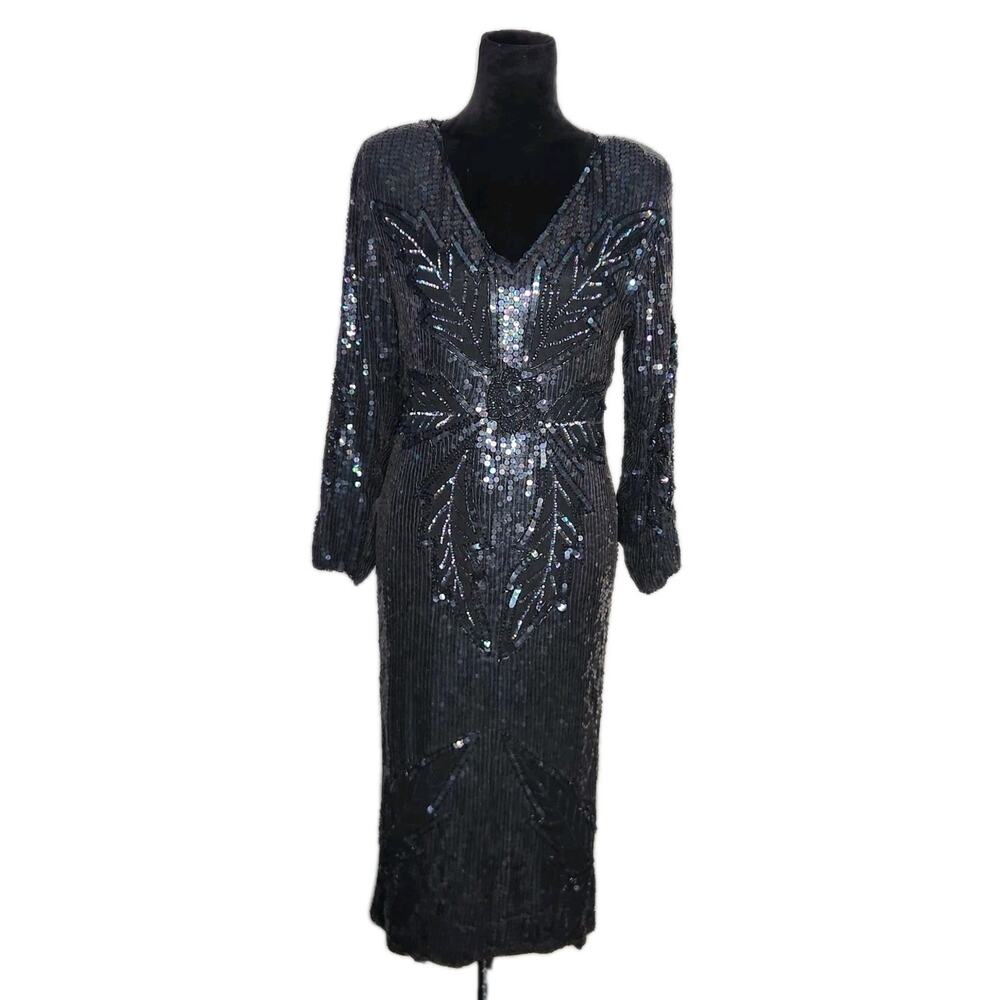 Vintage 80s Iridescent Silk Sequin Beaded Long Sleeve Midi Dress Size 10 ? Euc